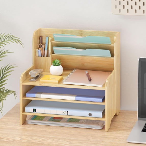 Bamboo Desk Organizer Mail Holder Countertop Letter Tray File Organizer for Desk Letter Sorter Paper File Storage for School Home Office Supplies