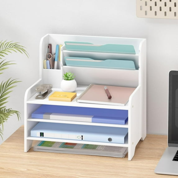 Bamboo Desk Organizer Mail Holder Countertop Letter Tray File Organizer for Desk Letter Sorter Paper File Storage for School Home Office Supplies