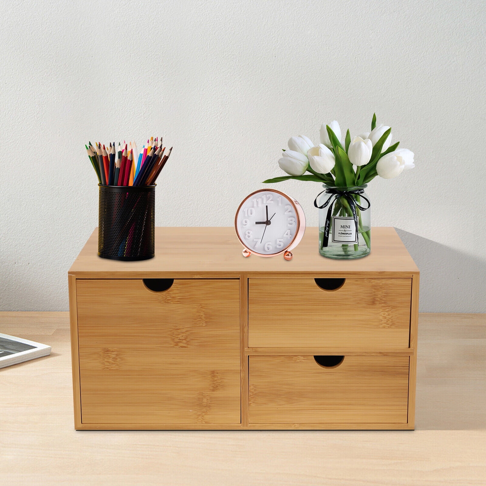 Bamboo Desk Organizer - Mini Bamboo Desk Drawer Tabletop Storage Organization Box for Office Home Toiletries Supplies, No Assembly Required (3 Drawers)