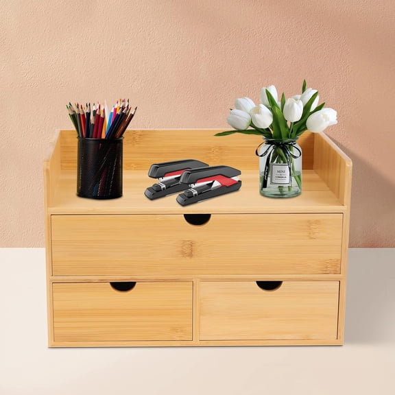 Bamboo Desk Organizer, Pull-Out Counter Storage Box, Mini Destktop Drawer with 3 Drawers, Tabletop Organizer Cabinet for Office Home Toiletry No Assembly (3 Drawers+Shelf-up down)