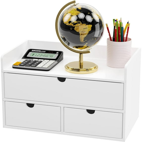 Bamboo Desk Organizer -White Mini Bamboo Desk Drawer Tabletop Cosmetic Storage Organization for Office or Home (3 Drawer with shelf)