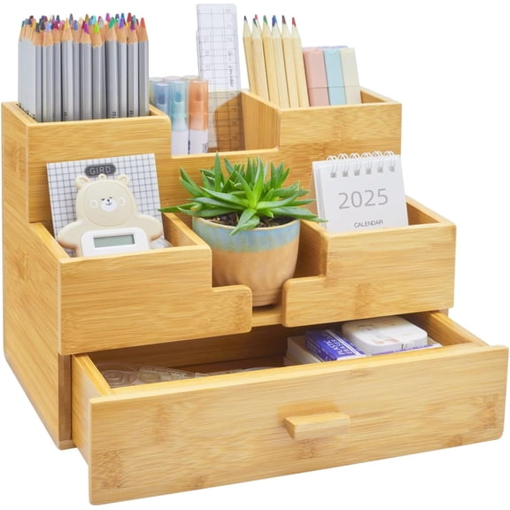 Bamboo Desk Organizer With Drawer For Makeup Pens Pencils And Office Supplies