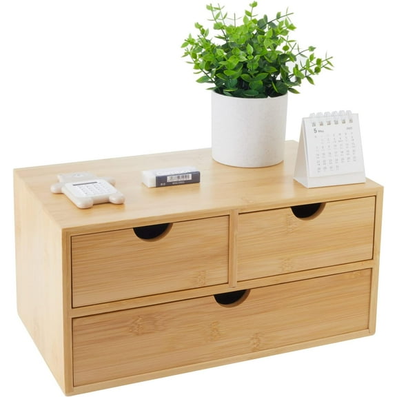 Bamboo Desk Organizer With Drawers Countertop Drawers Counter Storage Box Corner Desk Organizer for Home Office No Assembly Required (3 Drawers)