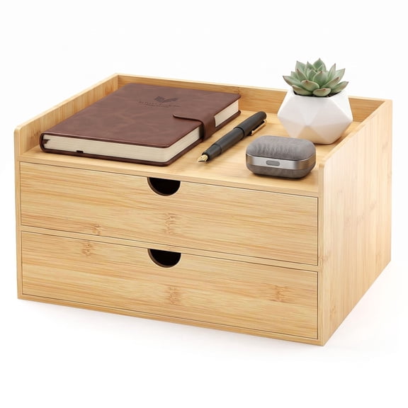 Bamboo Desk Organizer with Drawers, Desktop Storage Organizer for Office Supplies, Makeup, Accessories, Countertop Organizer for Home and Office