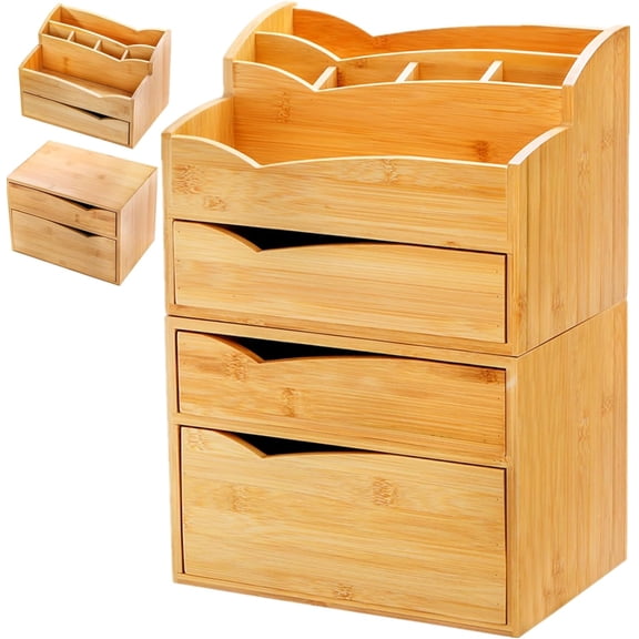 Bamboo Desk Organizer with 3 Drawers, Stackable Tabletop Storage for Office Stationery and Makeup Vanity, Fully Assembled