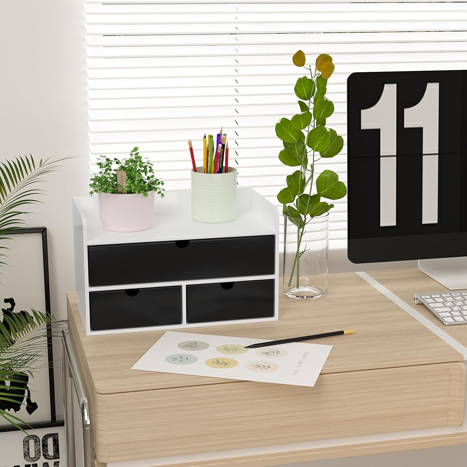 Bamboo Desk Organizer with Drawers - White Black Wood Desktop Storage for Office Supplies, Bills, Cosmetics, No Assembly Required