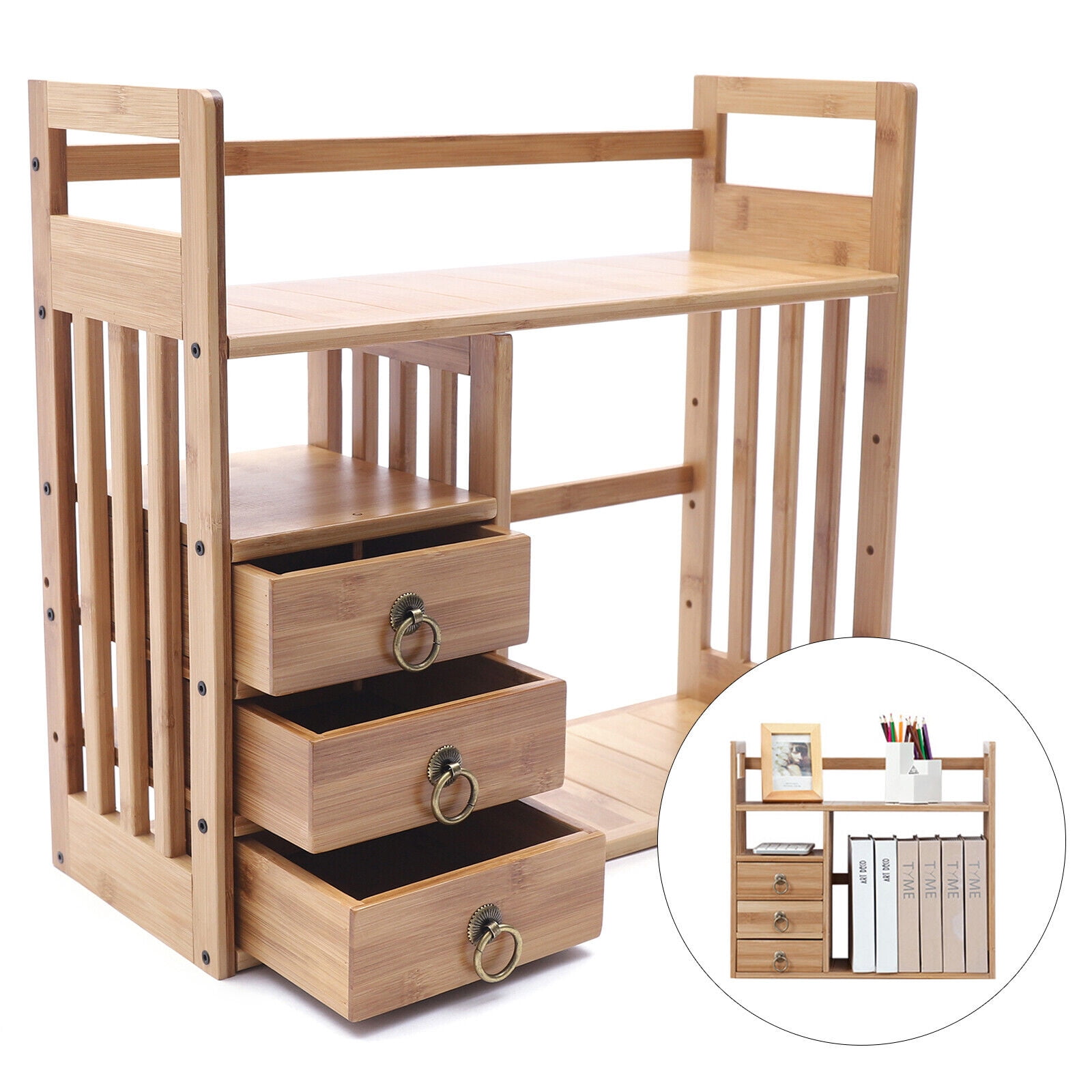 Bamboo Desktop Bookshelf Adjustable Desk Organizer Shelf Storage Rack for Office Desktop Bookshelf  Desk Organizer Bamboo Storage Shelf  for Home & Office Desktop Bookshelf Desk Organizer