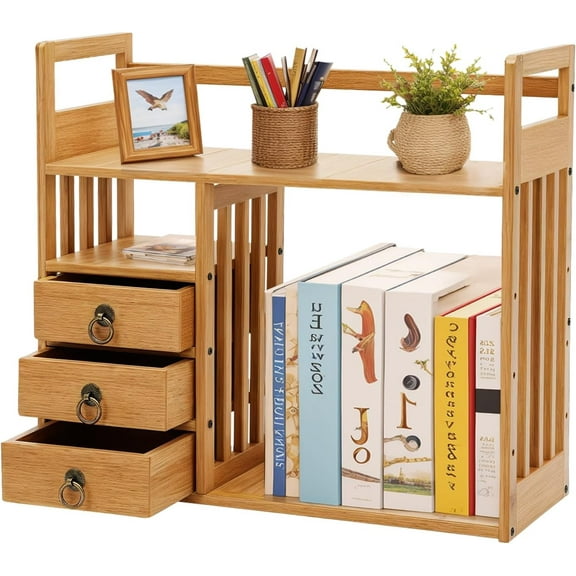 Bamboo Desktop Bookshelf, Desk Organizer Display Shelf with 3 Drawers, Counter Top Bookcase Wood Tone Display Shelf Rack Multipurpose Bookshelf for Home Office