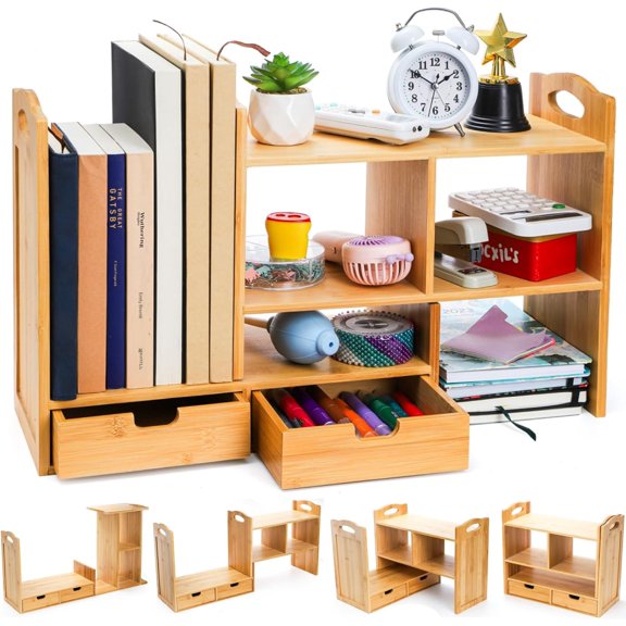 Bamboo Desktop Bookshelf, Expandable Counter Bookcase, Storage Shelves Rack Organizer with Anti-Slip Pads, Cute Small Desk Display Cubby Top for Office Supplies, No Assembly Needed