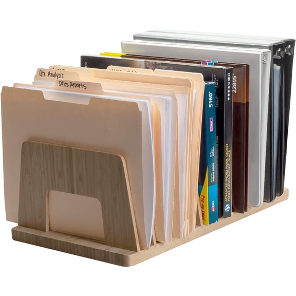 Bamboo Desktop Inclined File Folder Organizer and Paper Tray, Upright Sections, Step Sorter, 5 Slots