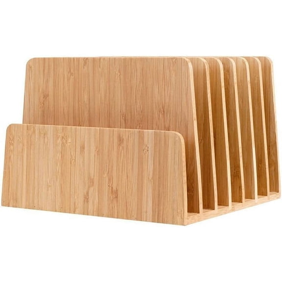 Bamboo Desktop Inclined File Folder Organizer and Paper Tray, Upright Sections, Step Sorter, 5 Slots