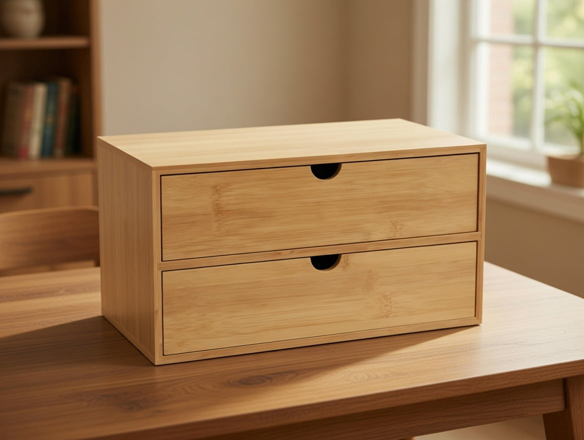 Bamboo Desktop Organizer with 2 Drawers - Natural Eco-Friendly Storage Box for Office Supplies, Makeup, Jewelry, Desk Accessories (33cm x 19cm x 16cm)