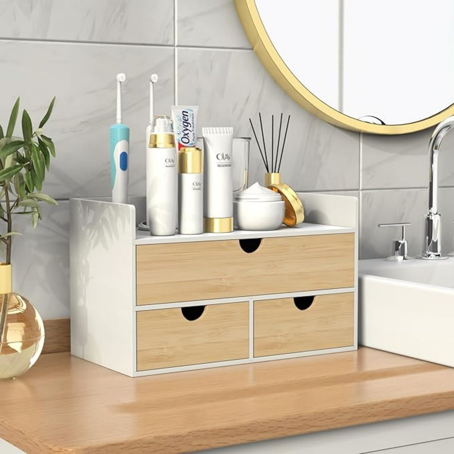 Bamboo Desktop Organizer Storage | White-Natural Wood Desk Drawers ...