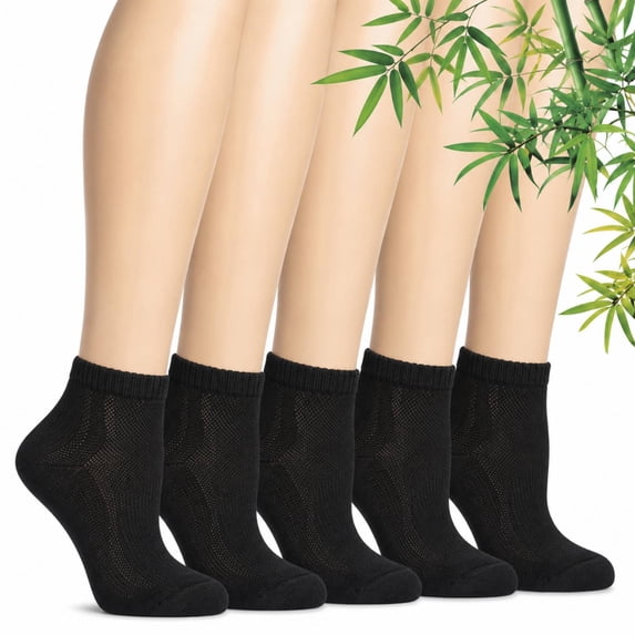 Bamboo Diabetic Quarter Socks for Men & Women, Seamless Toe, Non Binding, Moisture Wicking,5 Pairs,Black,Size:9-11