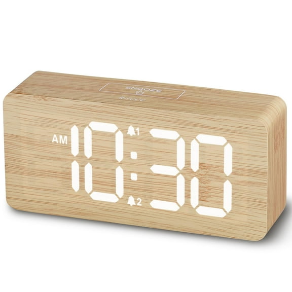 Bamboo Digital Alarm Clock with Large Numbers, Dimmable LED Display Dual Alarm for Bedside Desk, USB Charging Port, Wooden