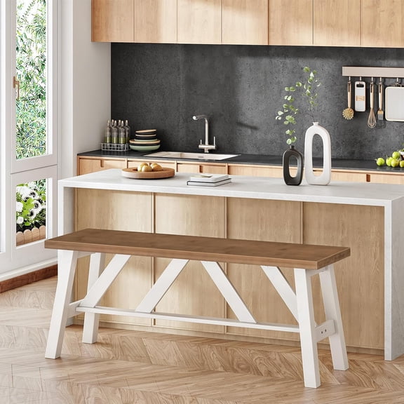 Bamboo Dining Bench, 39.4 inch Farmhouse Kitchen Table Bench, Solid Bamboo Dining Room Bench for Kitchen, Living Room, Bedroom, Hallway, Sturdy and Stable, Walnut and White WH17CD01