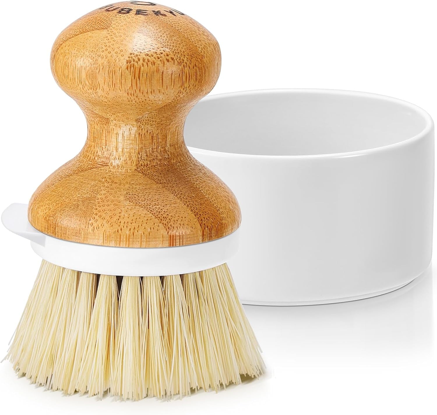 Bamboo Dish Brush, Kitchen Dish Scrubber Brush with Soap Dispenser, Natural Wooden Dishwashing Brush for Cleaning Dishes/Pans/Pots, Built-in Scraper, Sisal Bristles,1 Set