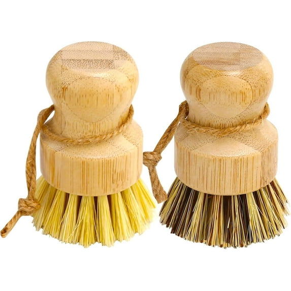 Bamboo Dish Brush Set, 2 Pcs Palm Wooden Dish Scrubber Brush, Dish Brushes, Durable Wood Dishes Scrub Brush, Natural Round Vegetable Cleaning Pots Pans Sink Washing Kitchen Brush