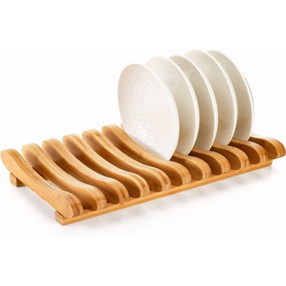 Bamboo Dish Drying Rack, 10 Slots Bamboo Cabinet Plate Stand Dish Drainer Wooden Plate Rack Pot Lid Holder Kitchen Dish Plate Storage Organizer for Countertop Cabinet