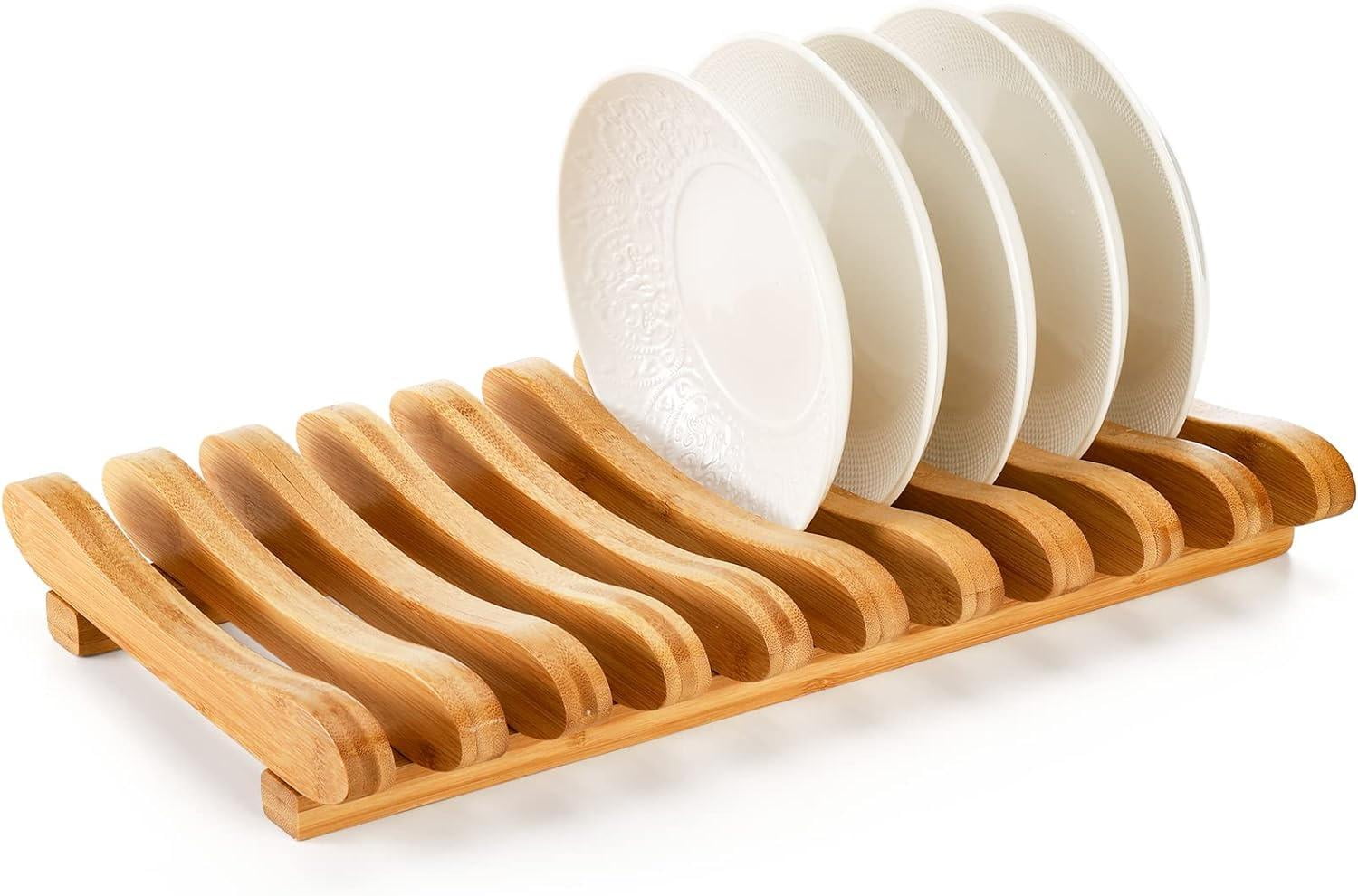 Bamboo Dish Drying Rack, 10 Slots Bamboo Plate Stand Dish