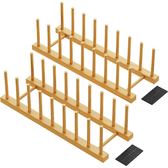Bamboo Dish Drying Rack, 2-Pack Plate Organizer for Kitchen Cabinet, Vertical Plate Holders