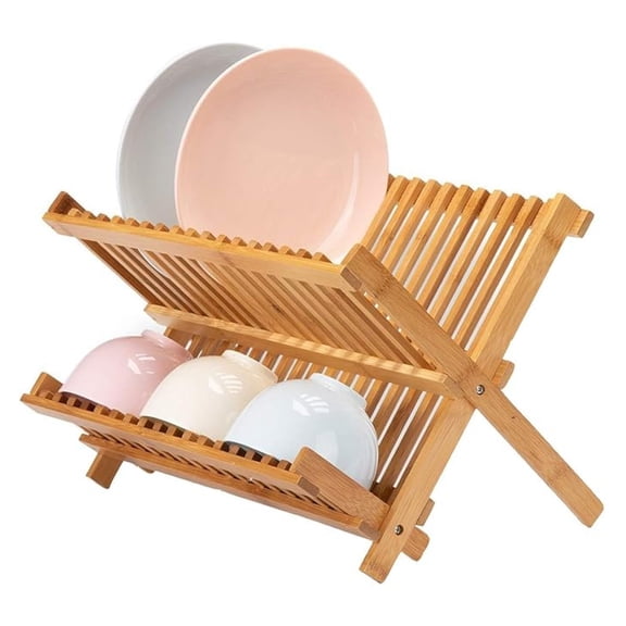 Bamboo Dish Drying Rack - Collapsible Plate Holder for Kitchen Countertop, 14 Slot Dish Rack with Cup Holder, Space Saving Dish Strainer for Plates, Bowls & Glasses