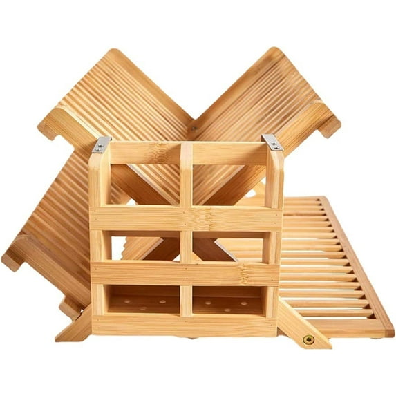 Bamboo Dish Drying Rack for Kitchen - Collapsible 3-Tier Wooden Folding Drainer with Utensil Holder and Dish Strainer Board for Countertop, Sink, and Racks Dryer (Natural)
