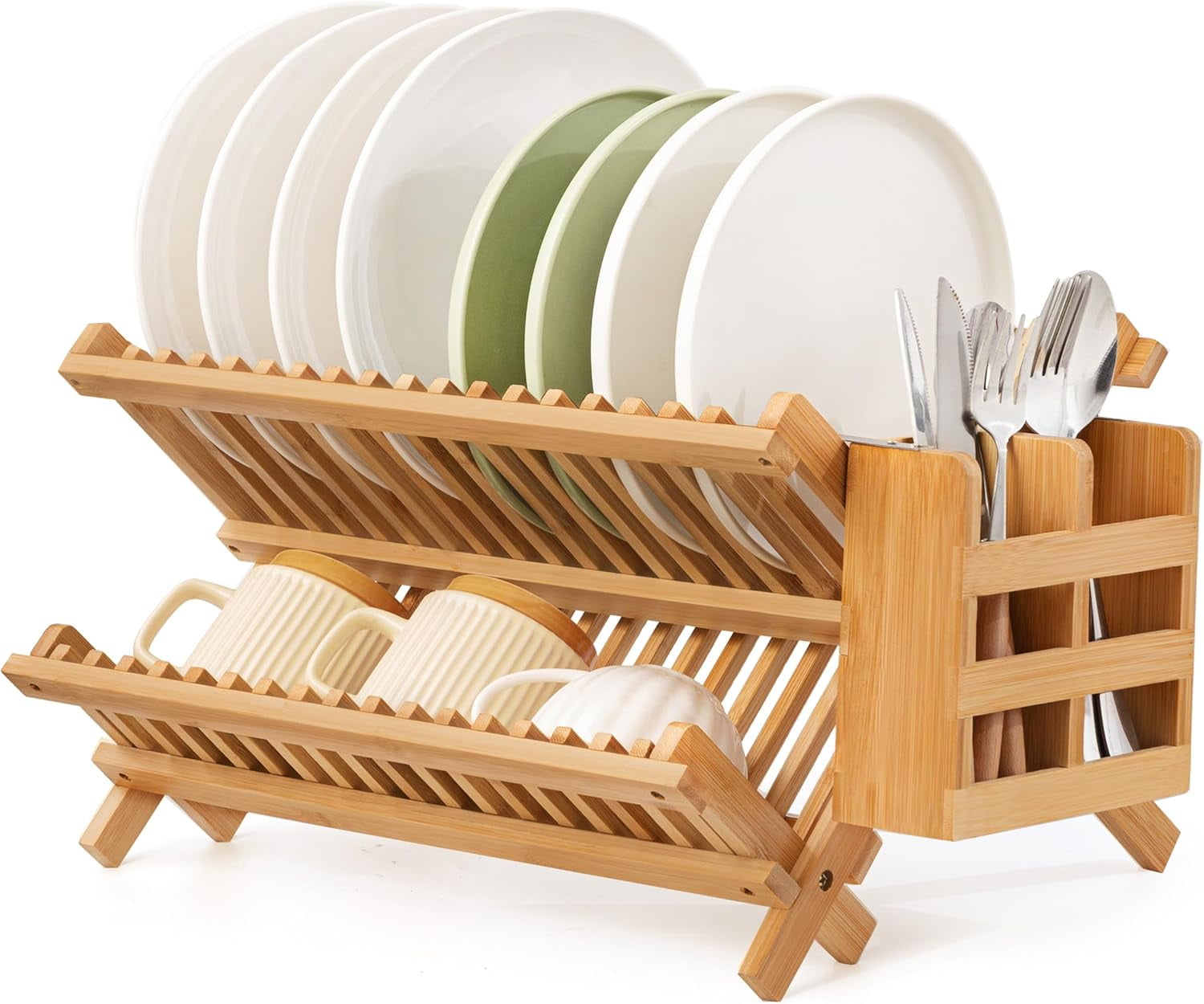 Collapsibe Plate Rack Bamboo Dish Drying Rack with Utensil Holder, 2 Tier Collapsible Dish ...