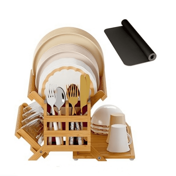 Bamboo Dish Drying Rack with Utensil Holder, 3 Tier Collapsible Dish Rack, Wooden Dish Racks for Kitchen Counter, Large Folding Drying Holder with Absorbent Dish Drying Mat