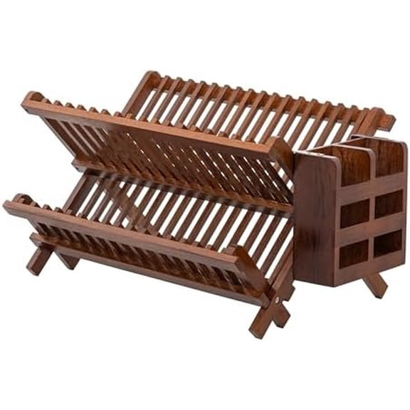 Bamboo Dish Drying Rack with Utensil Holder, 3-Tier Large Collapsible Wooden Dish Drainer Rack, Folding Drying Holder Dish Drainer for Kitchen Counter