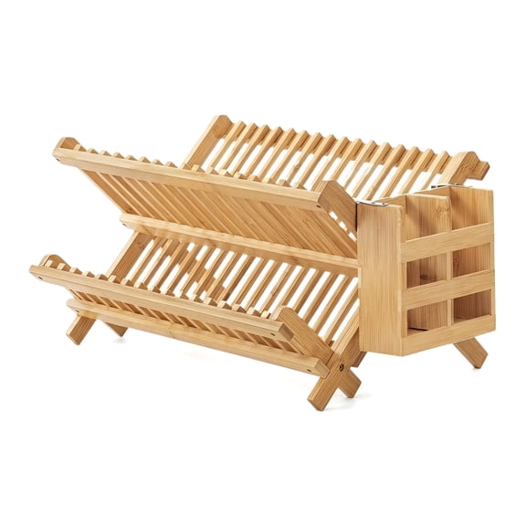 2-Tier Large Bamboo Collapsible Dish Drying Rack with Utensil Holder for Kitchen Counter