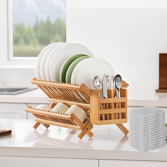 Bamboo Dish Drying Rack with Utensil Holder, 2 Tier Collapsible Dish Drain Rack, Foldable Plate Drying Rack for Kitchen