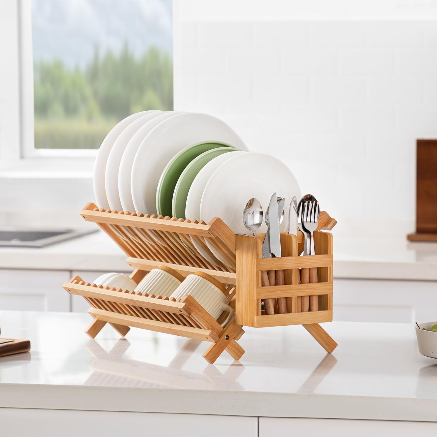 Bamboo Dish Drying Rack with Utensil Holder, 2 Tier Collapsible Kitchen ...