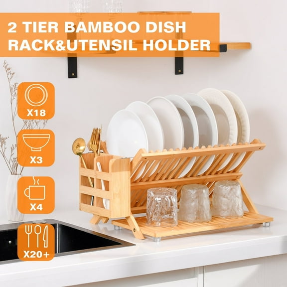 3-Tier Foldable Bamboo Dish Rack with Utensil Holder, Space-Saving Drying Organizer for Small& Apartments