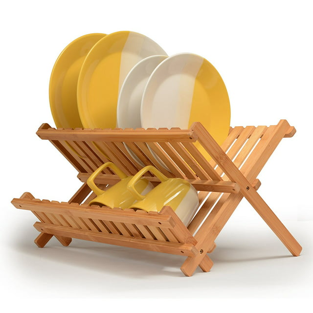 Bamboo Dish Rack Foldable Drying Collapsible Dish Drainer Wooden Plate Rack