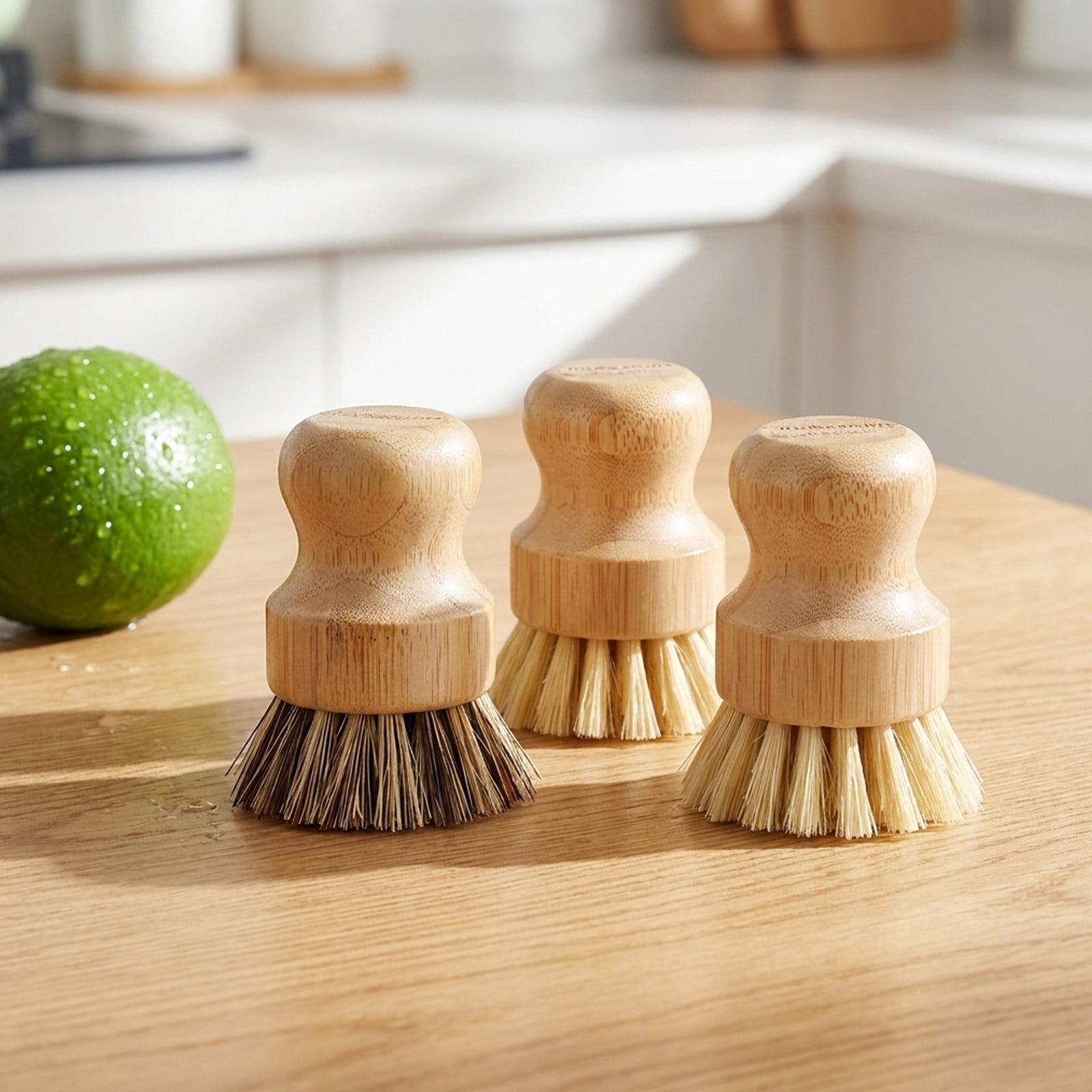 Bamboo Dish Scrub Brush Set 3 Pack, Natural Sisal Bristle Non Scratch Pot Pan and Dish Cleaning Brushes for Kitchen Sink