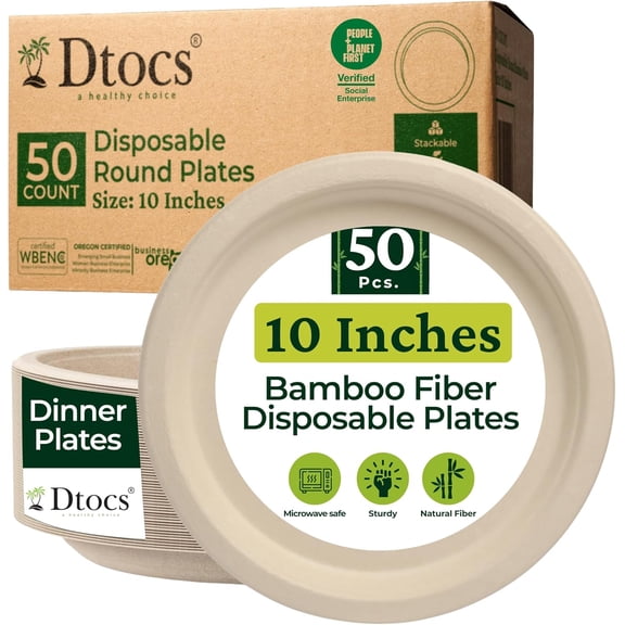 Bamboo Disposable Plates 10 Inch (50 Pack) Heavy Duty Compostable Dinnerware Set Earth Friendly Party Ta e Alternative to Wood Paper Plates 10 Inch
