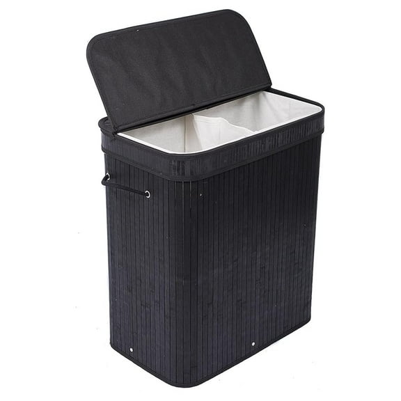 Double Laundry Hamper with Lid and Cloth Liner - Bamboo - Black - Easily Transport Laundry Basket - 2 Section Collapsible Hamper - String Handles