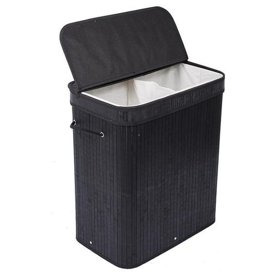Double Laundry Hamper with Lid and Cloth Liner - Bamboo - Black - Easily Transport Laundry Basket - 2 Section Collapsible Hamper - String Handles