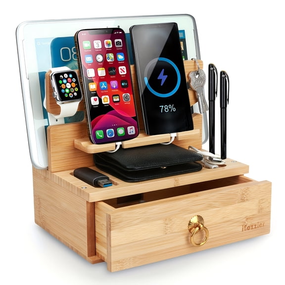 Bamboo Double Phone Holder Desktop Docking Station with Drawer Key Wallet Watch Stand Bedstand & Desk Mounts Table Organizer, Good Gift for Father, Boyfriend, Grandpa And So On