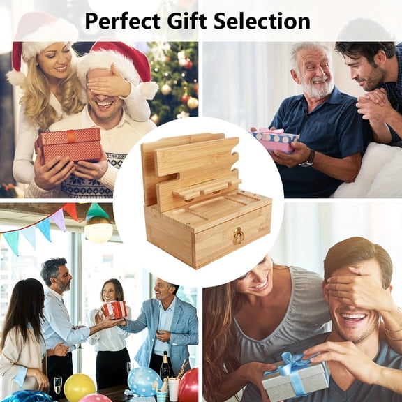 Bamboo Double Phone Holder Desktop Docking Station With Drawer Key Wallet Watch Stand Bedstand & Desk Mounts Table Organizer