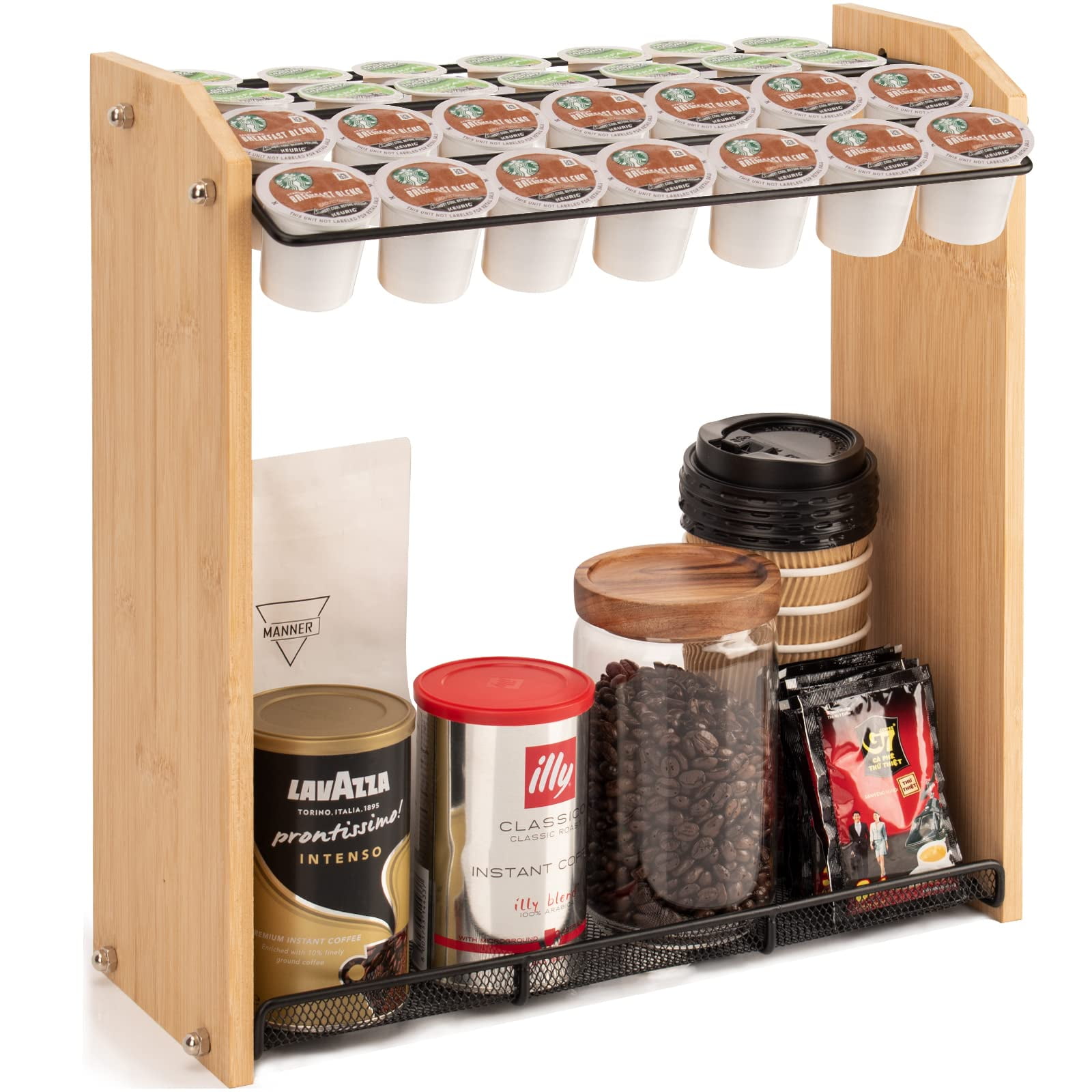 Coffee Bar Accessories and Organizer Countertop, Coffee Station Organizer  with Drawer Wood Kitchen Countertop Organizer, Coffee Syrup and Snack