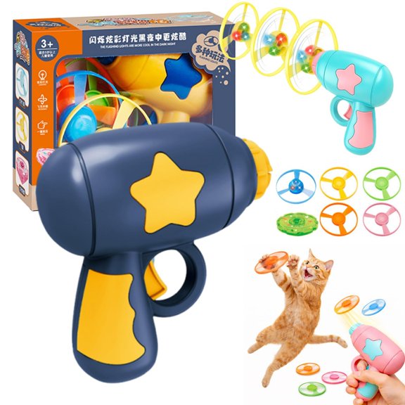 Bamboo Dragonfly Catapult Launcher, Interactive Cat Fetch Toy Launcher with LED Flying Disc Propeller, Cat Propeller Toy for Chase Play, Flying Disc Launcher for Cats Kittens (Blue)