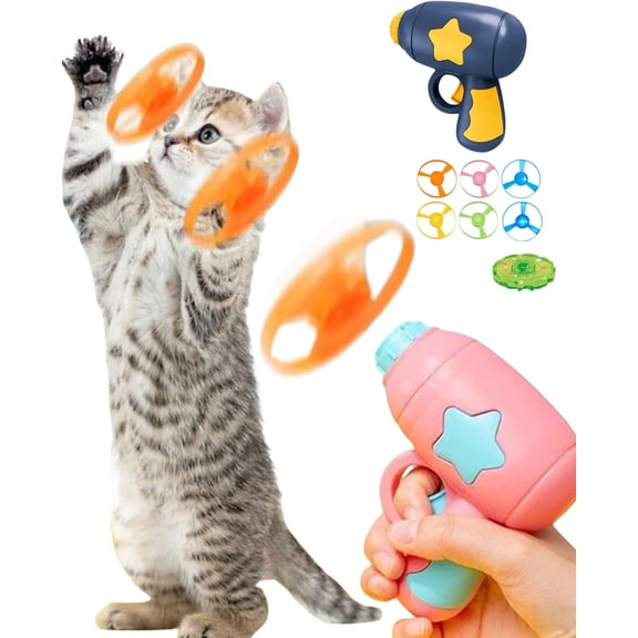 Bamboo Dragonfly Catapult Launcher, Interactive Cat Toy with LED Glowing Discs, Indoor Outdoor Flying Saucer Blaster for Pets, Complete Set with Launcher + Discs