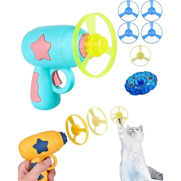 Bamboo Dragonfly Catapult Pistol, 2βinβ1 Interactive Pet Toy with Colorful Flying Propellers Set, Interactive Flying Disc Launcher & Fetch Toy for Cats