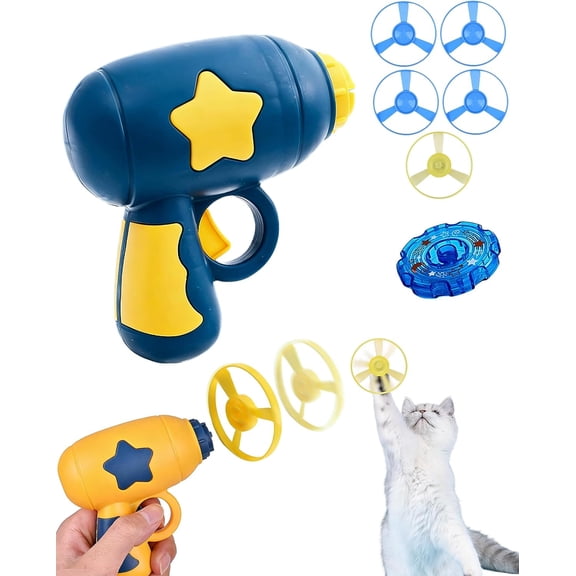 Bamboo Dragonfly Catapult Pistol, 2‑in‑1 Interactive Pet Toy with Colorful Flying Propellers Set, Interactive Flying Disc Launcher & Fetch Toy for Cats