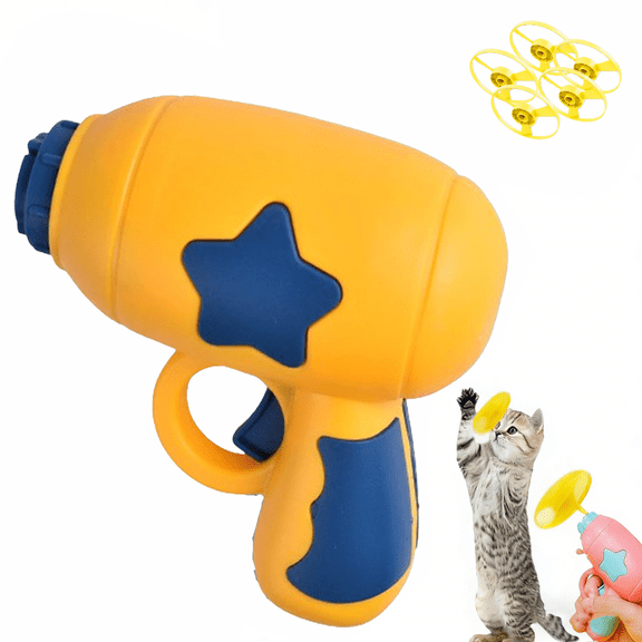 Bamboo Dragonfly Catapult Pistol，4.33 X 4.13 Inches，5 Standard Frisbees，features An LED Light-up Flying Propeller; A Hunting and Exercise Training Toy for Cats.