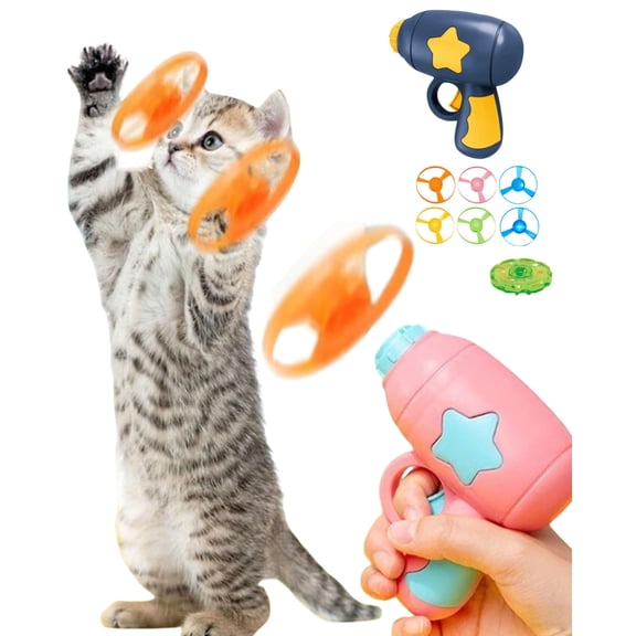 Bamboo Dragonfly Catapult Pistol, Interactive Cat Toy Flying Saucer Blaster, Glowing LED Discs for Pet Exercise, Ideal for Indoor and Night Play
