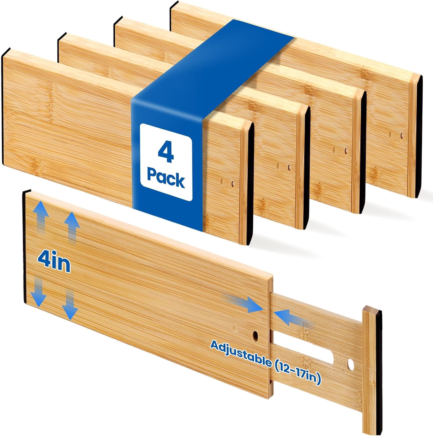 Craft Seperator Bamboo Drawer Dividers (4 Pack) – Adjustable Spring-Loaded Tension ...
