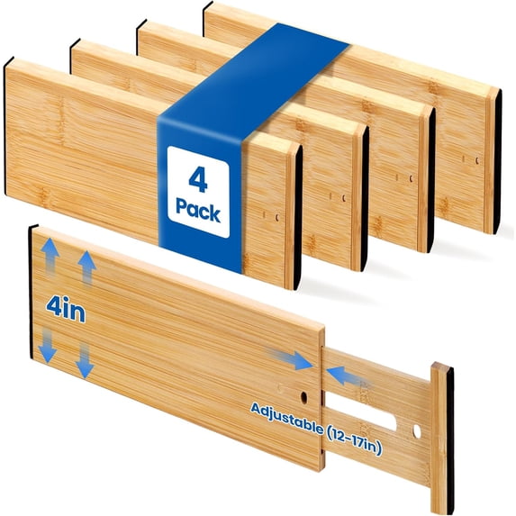 Spring Kitchen Spray Bamboo Drawer Dividers (4 Pack) – Adjustable Spring-Loaded Tension ...